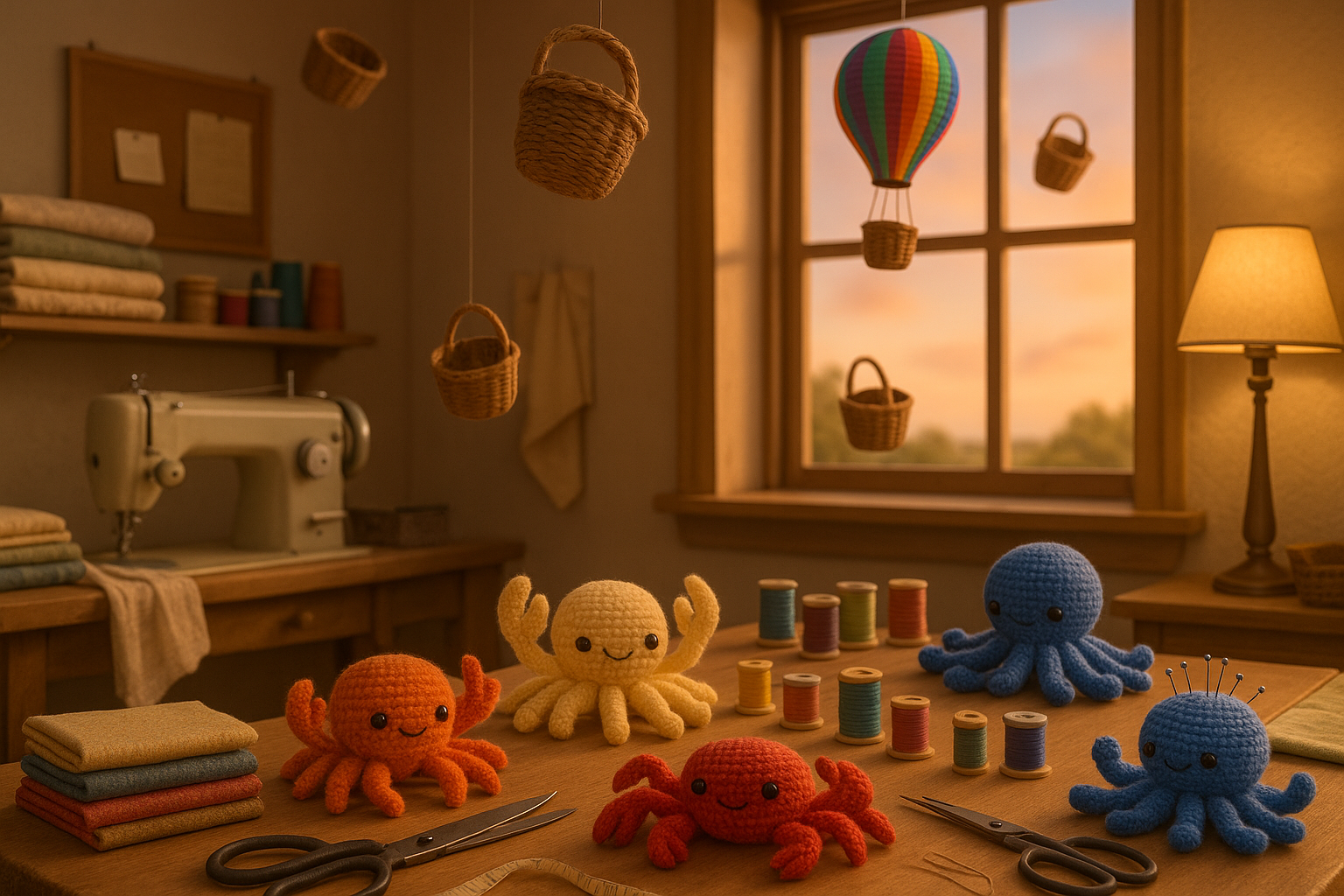 please-generate-an-image-that-looks-as-though-its-in-a-cozy-sewing-office-with-3-orange-pale-yellow-and-red-crabs-kitted-2-knitted-octopus-one-pale-blue-and-one-tanzanite-blue-with-3-woven-baskets-falling-from- the sky with a multi coloured hot air ballon attached to one of the baskets 